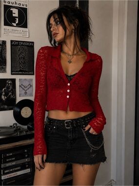 Madden NYC Red Floral Lace Crop Top Size Large Y2K Grunge Goth